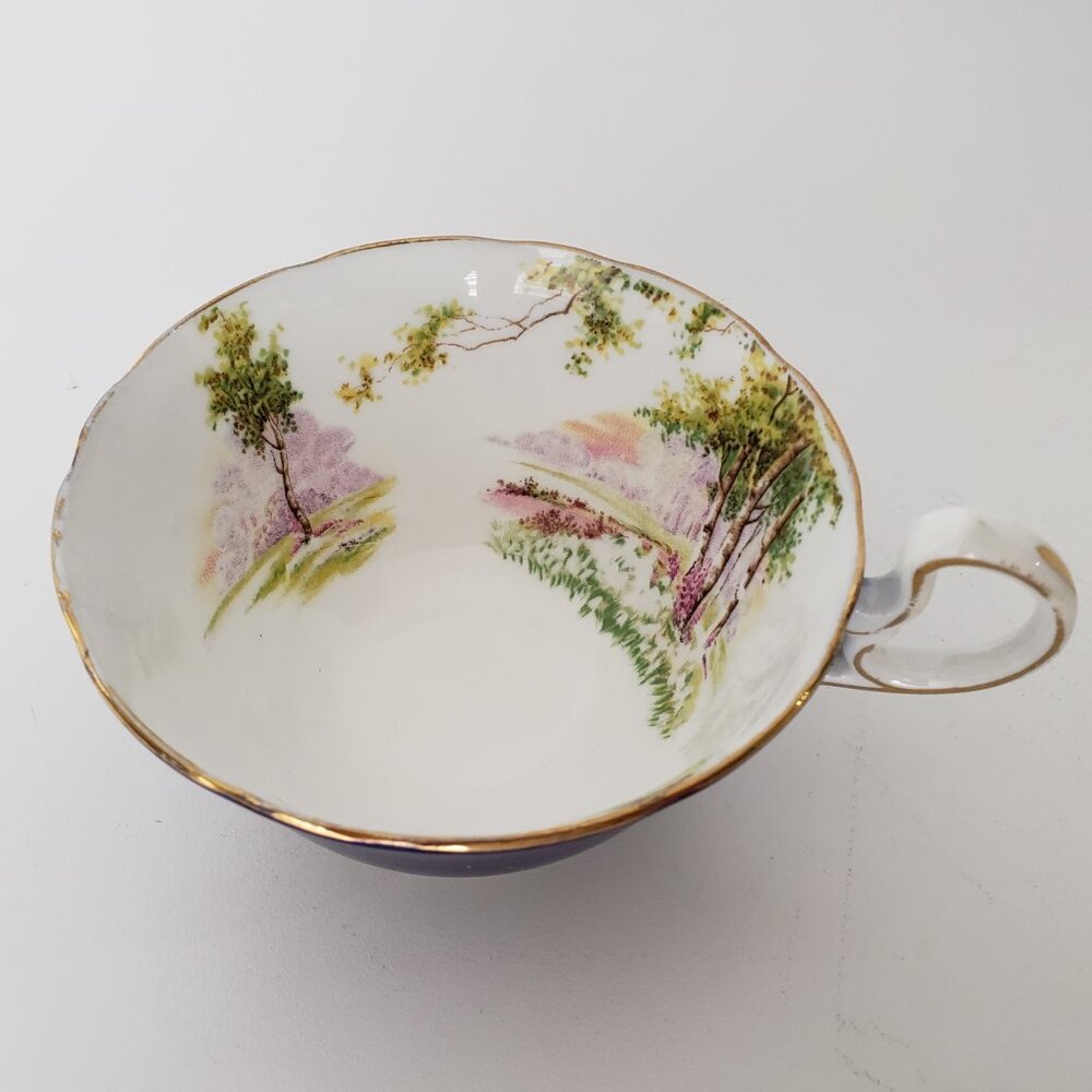 Vintage Aynsley English Bone China Cobalt Cup Saucer Woodland Scene Rare - Picture 3 of 10